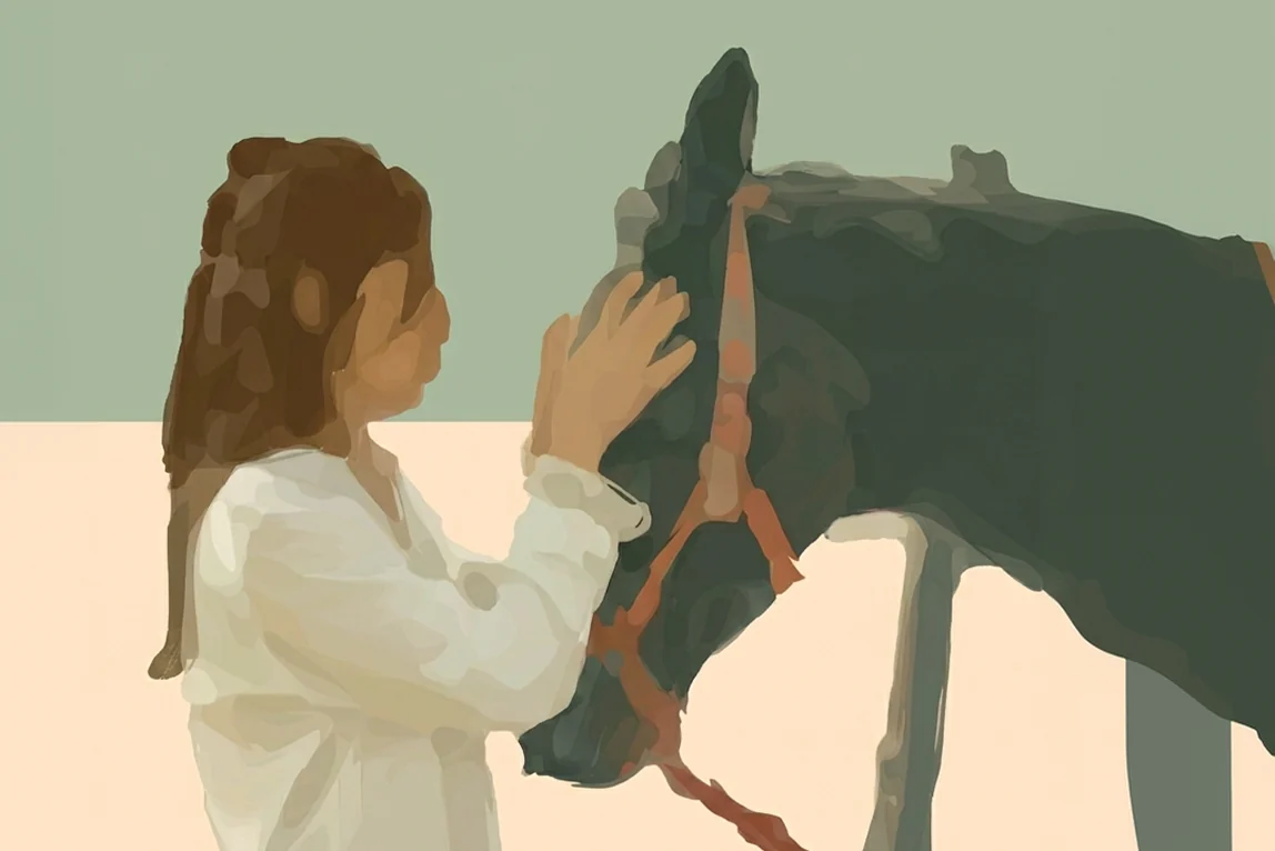 Illustrazione di una ragazza che accarezza un cavallo