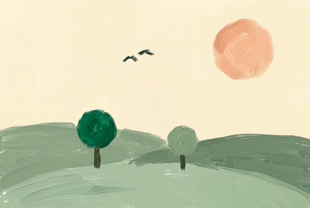 Illustrazione di colline con alberi, uccelli e sole