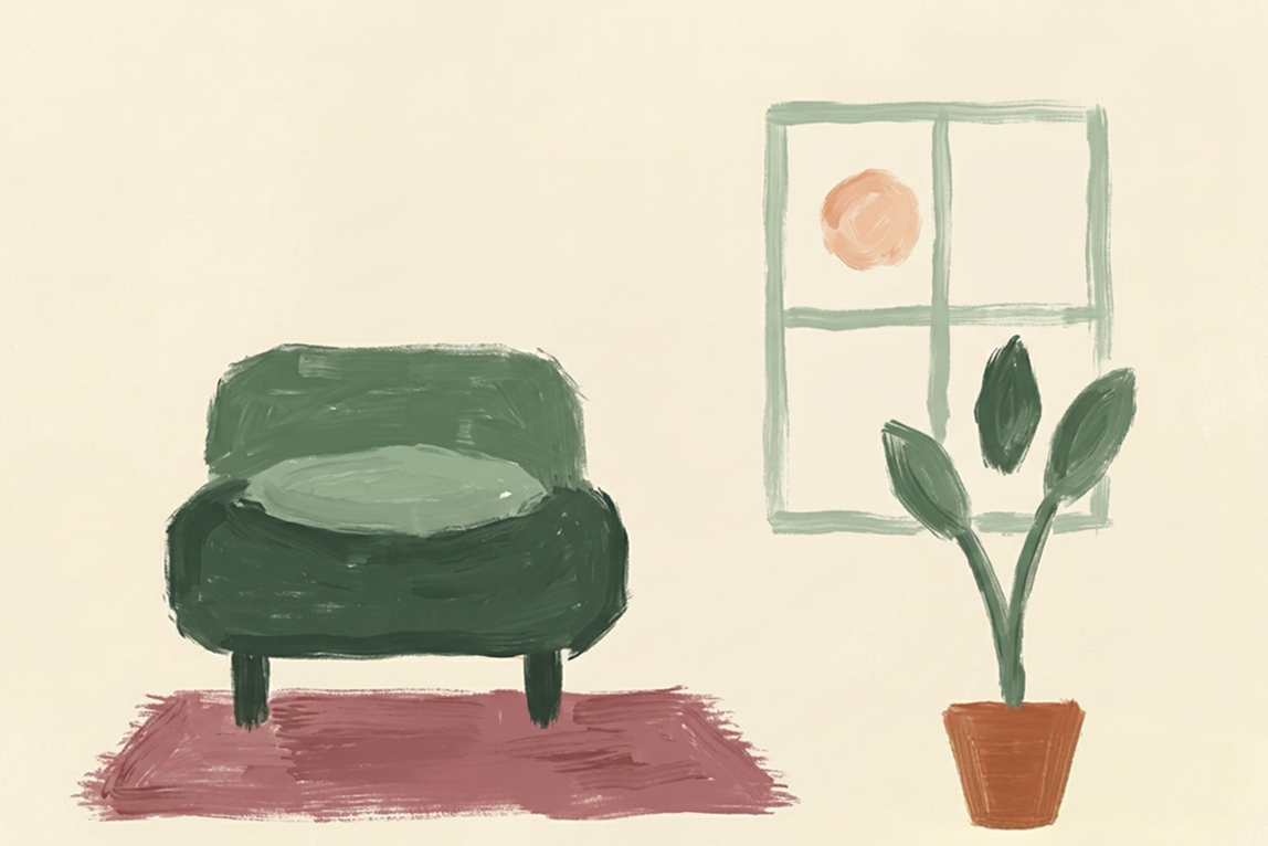Illustrazione dello studio con poltrona e pianta